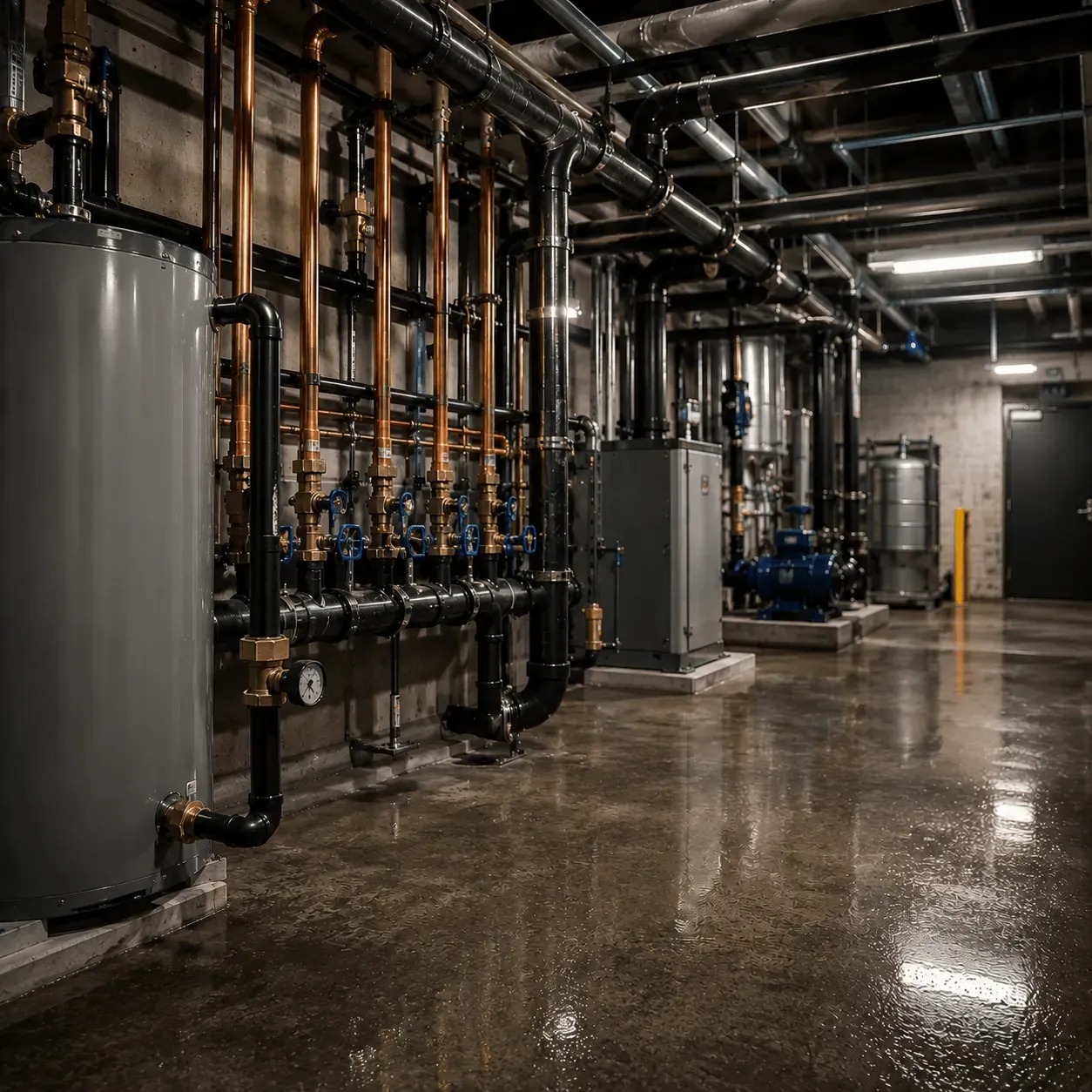 Commercial plumber inspecting stainless steel pipework in a modern restaurant kitchen