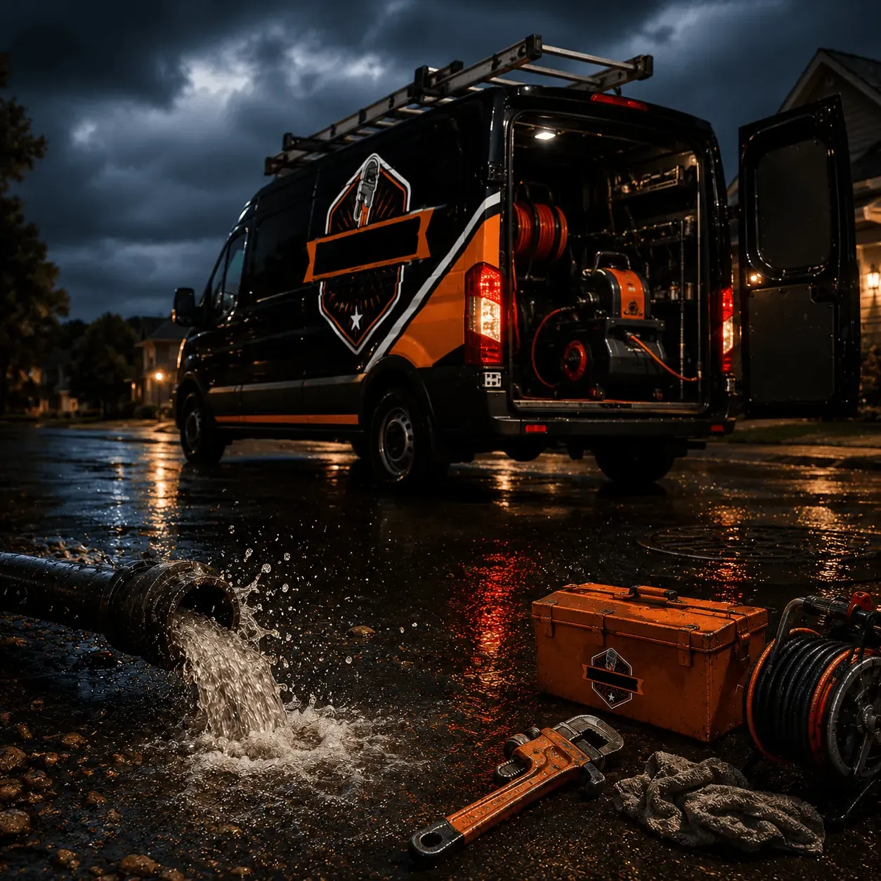 Reliable Pros emergency service van arriving at a home at night