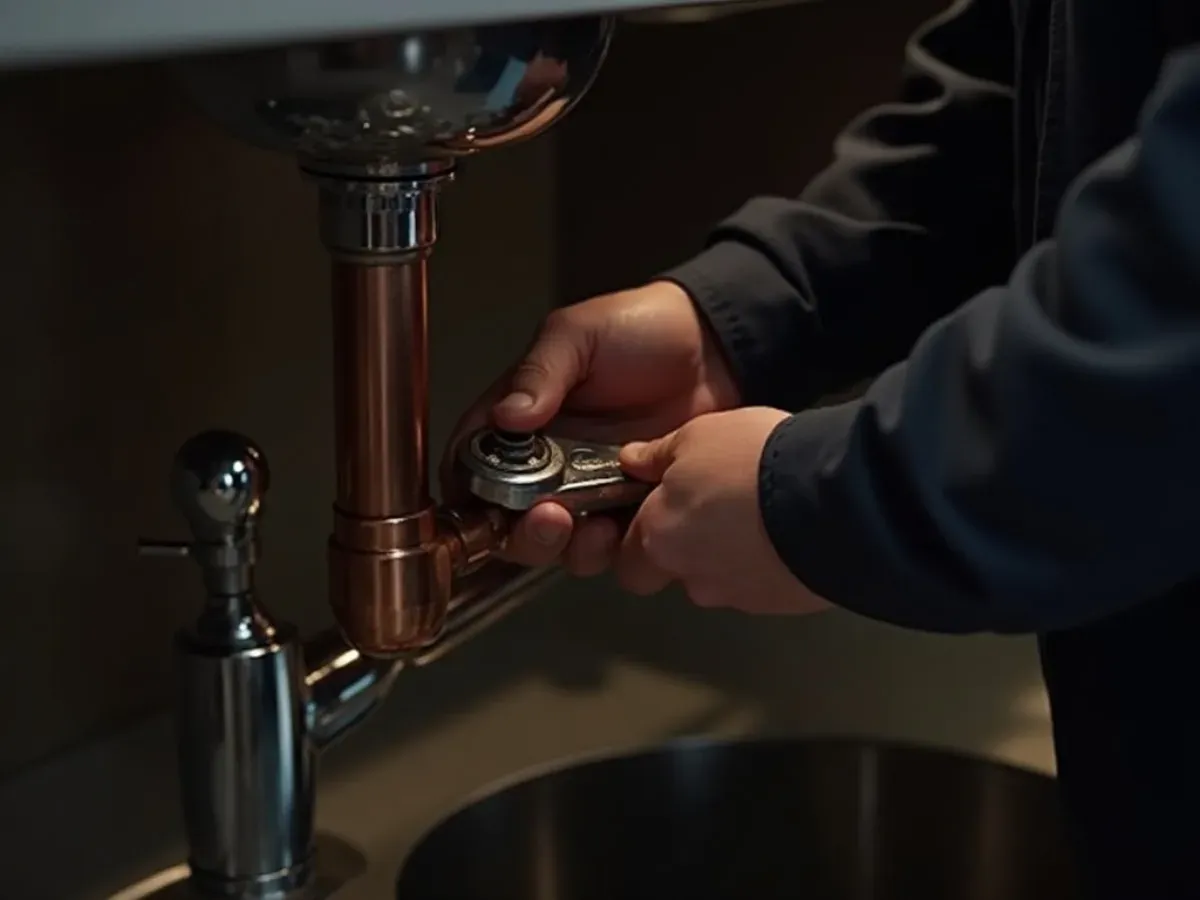 Plumber tightening copper pipes under a kitchen sink with a chrome wrench