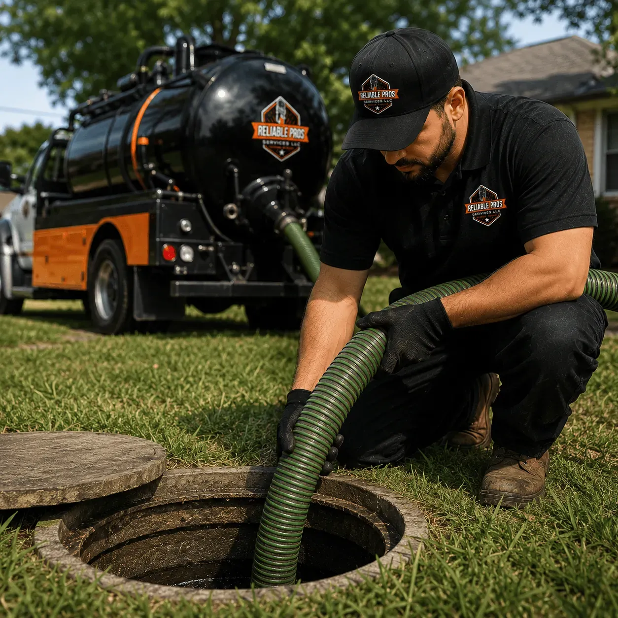 Septic pumping truck servicing a Southern California residential property