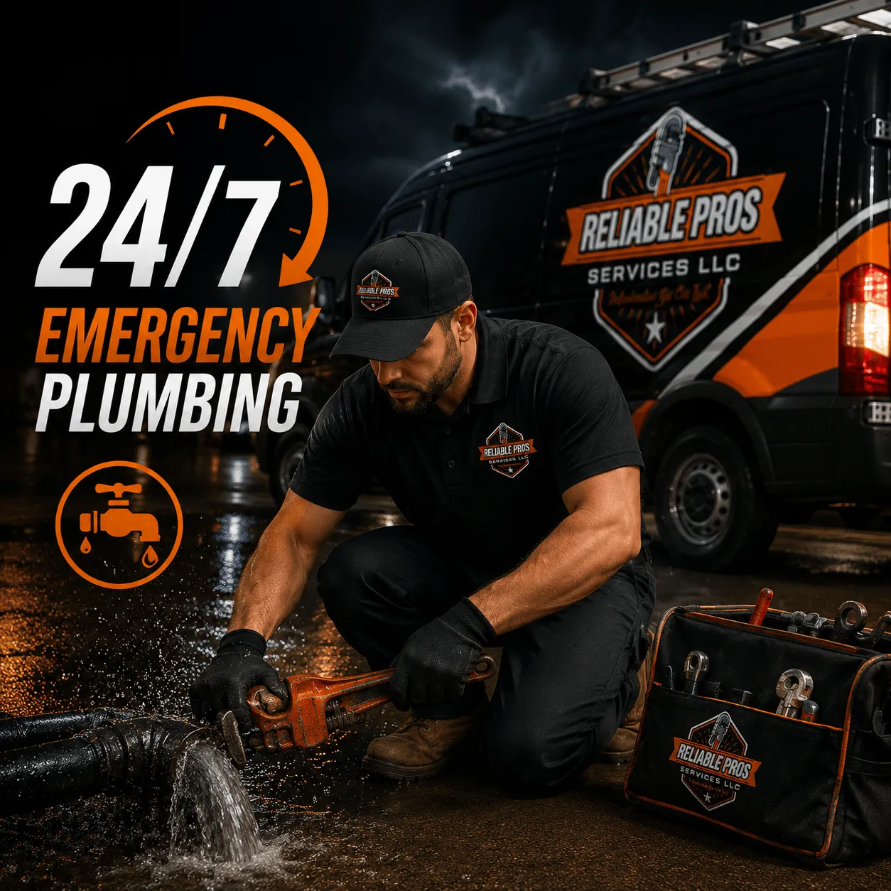 Reliable Pros licensed plumber performing a 24/7 emergency repair in Southern California
