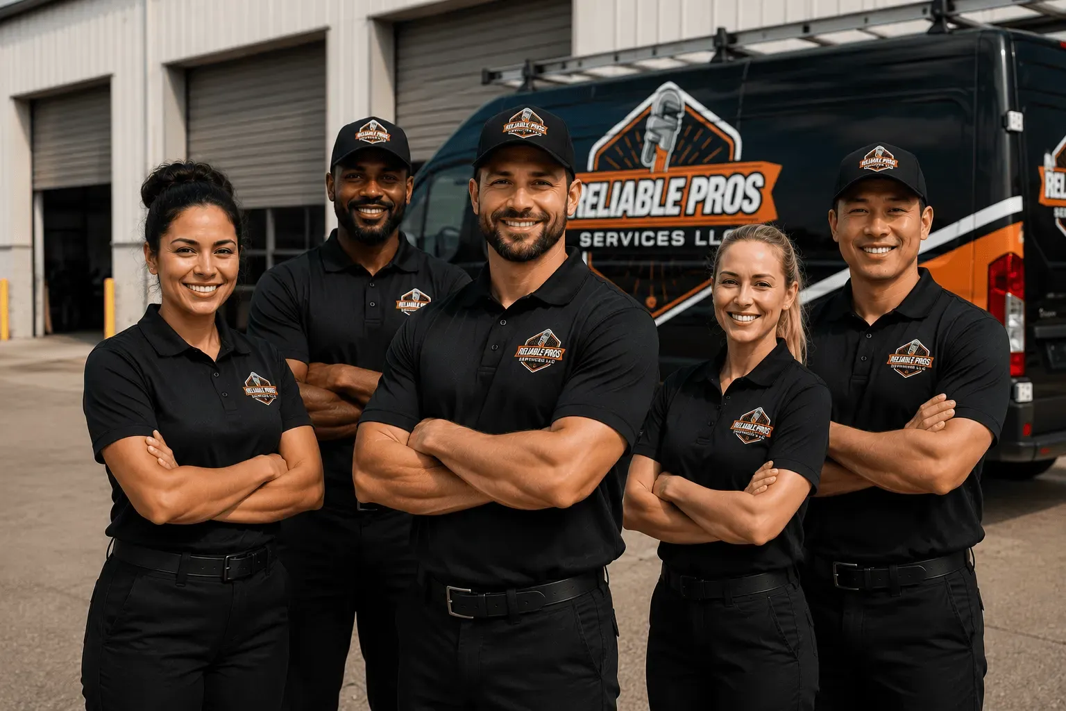 The Reliable Pros team in branded uniforms in front of the company service van